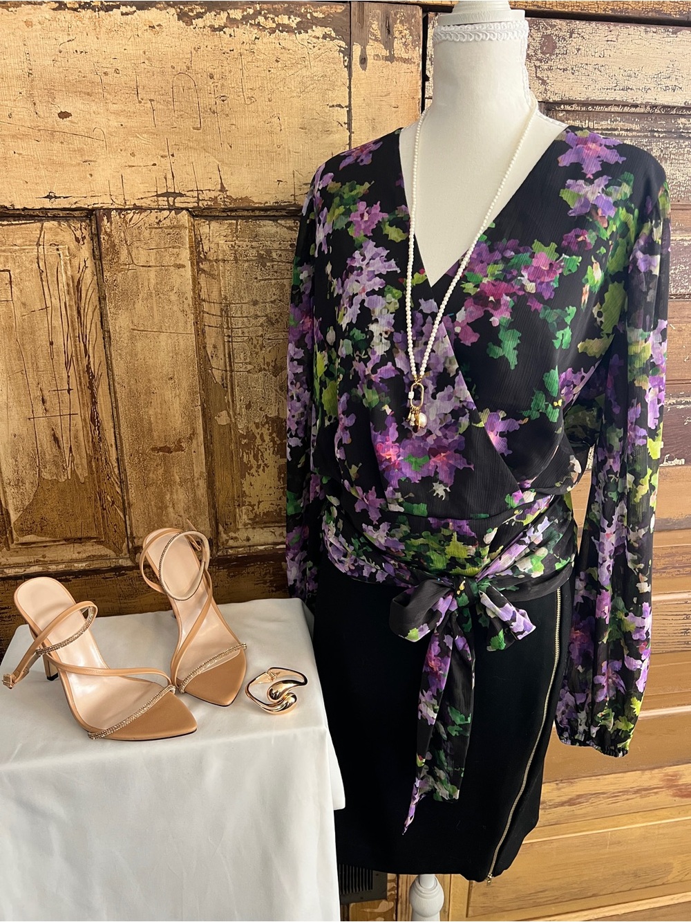 Express Black Purple Floral Wrap Blouse | Sheer Tie Waist Top | Size L
